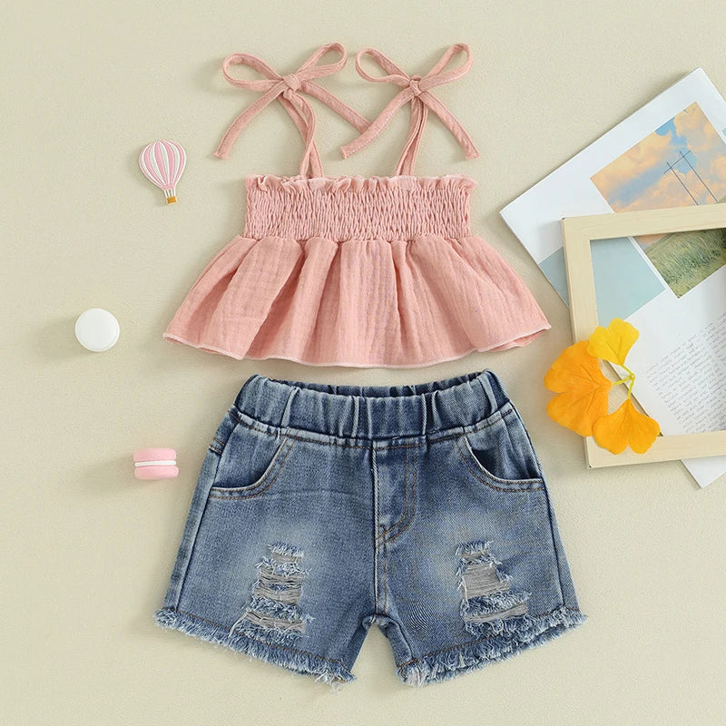 Summer Casual 2-Piece Outfit for Baby Girls: Sleeveless Camisole and Ripped Denim Shorts Set