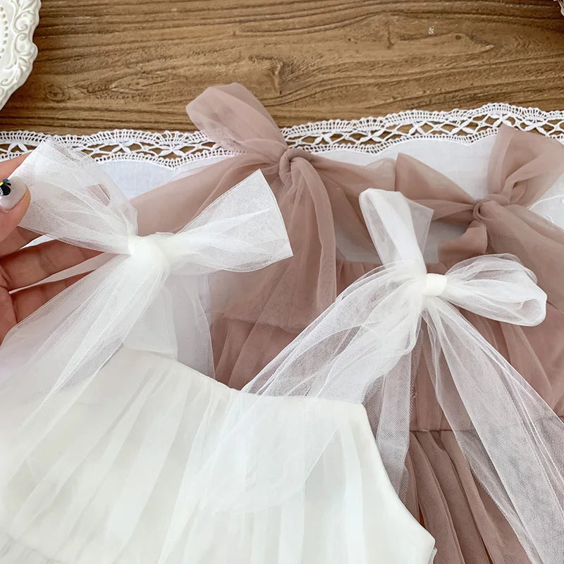 Sleeveless Summer Tutu Romper with Bows for Baby Girls - Lace Princess Jumpsuit for Newborn Photography