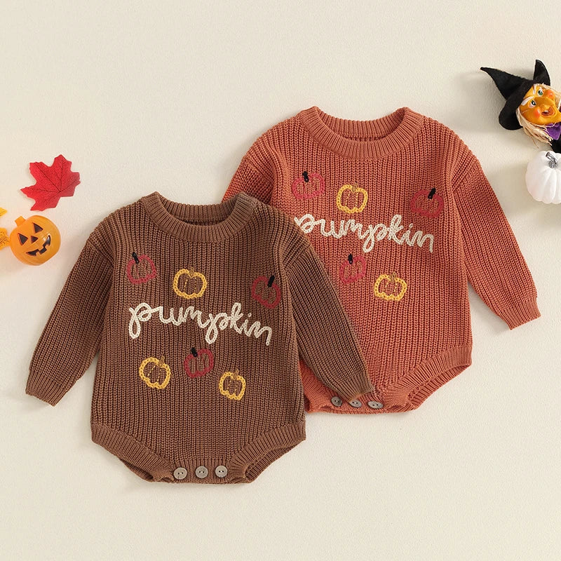 Adorable Pumpkin Print Sweater Romper for Babies - Long Sleeve Chunky Knit Halloween Outfit for Newborns and Infants