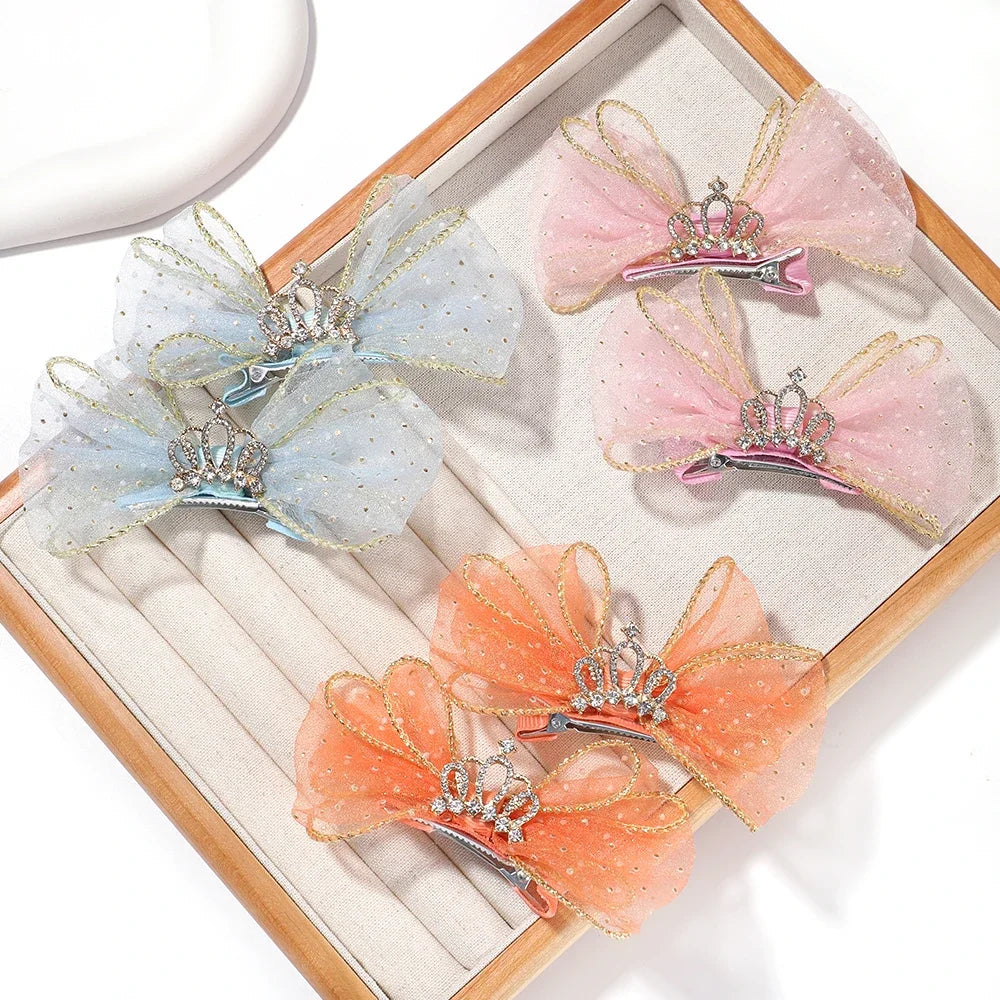 Set of 2 Organza Bow Hair Clips with Zircon Crown for Baby Girls - Cute Hairpins and Barrettes Accessories