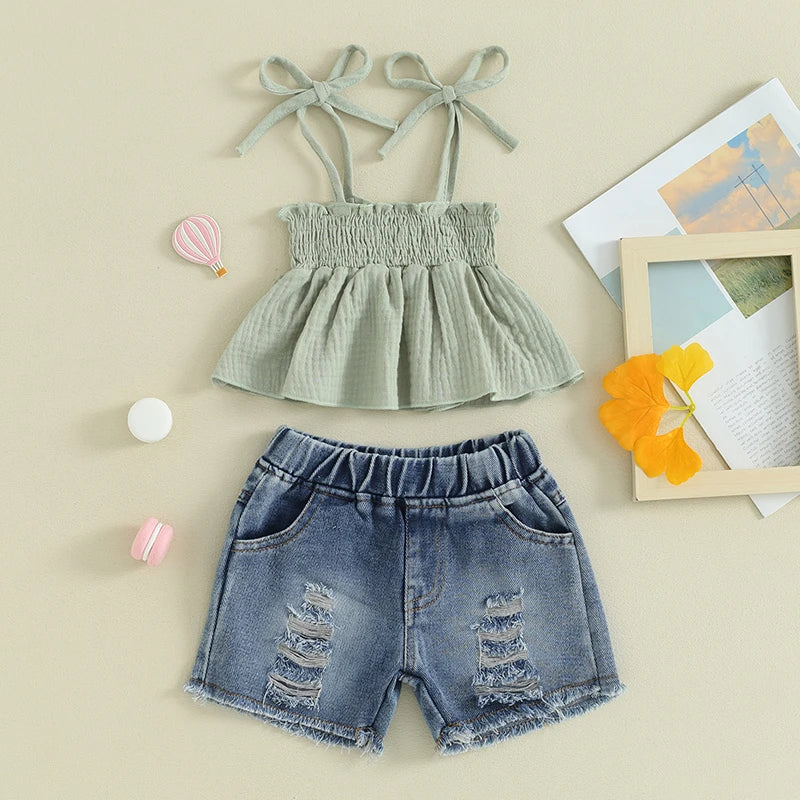 Summer Casual 2-Piece Outfit for Baby Girls: Sleeveless Camisole and Ripped Denim Shorts Set