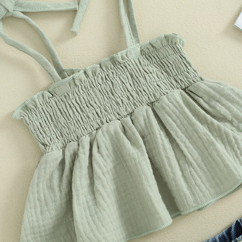 Summer Casual 2-Piece Outfit for Baby Girls: Sleeveless Camisole and Ripped Denim Shorts Set