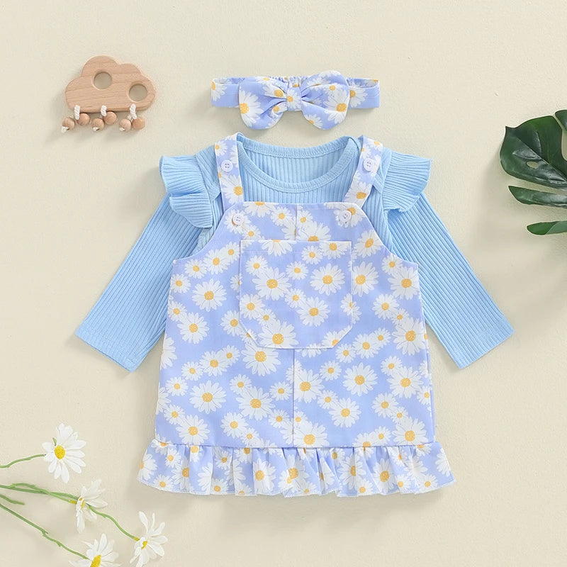 Adorable Newborn Girls' Ruffled Ribbed Bodysuit Set with Floral Suspender Skirt and Headband - Perfect for Spring and Autumn