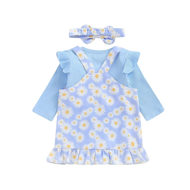 Adorable Newborn Girls' Ruffled Ribbed Bodysuit Set with Floral Suspender Skirt and Headband - Perfect for Spring and Autumn