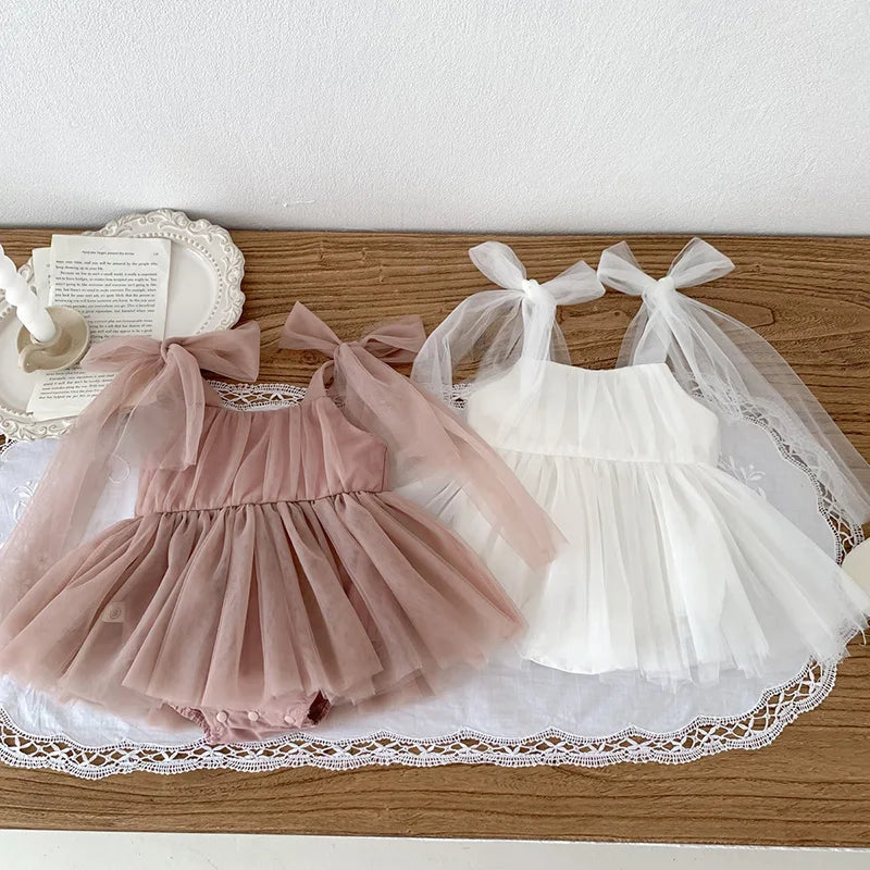 Sleeveless Summer Tutu Romper with Bows for Baby Girls - Lace Princess Jumpsuit for Newborn Photography