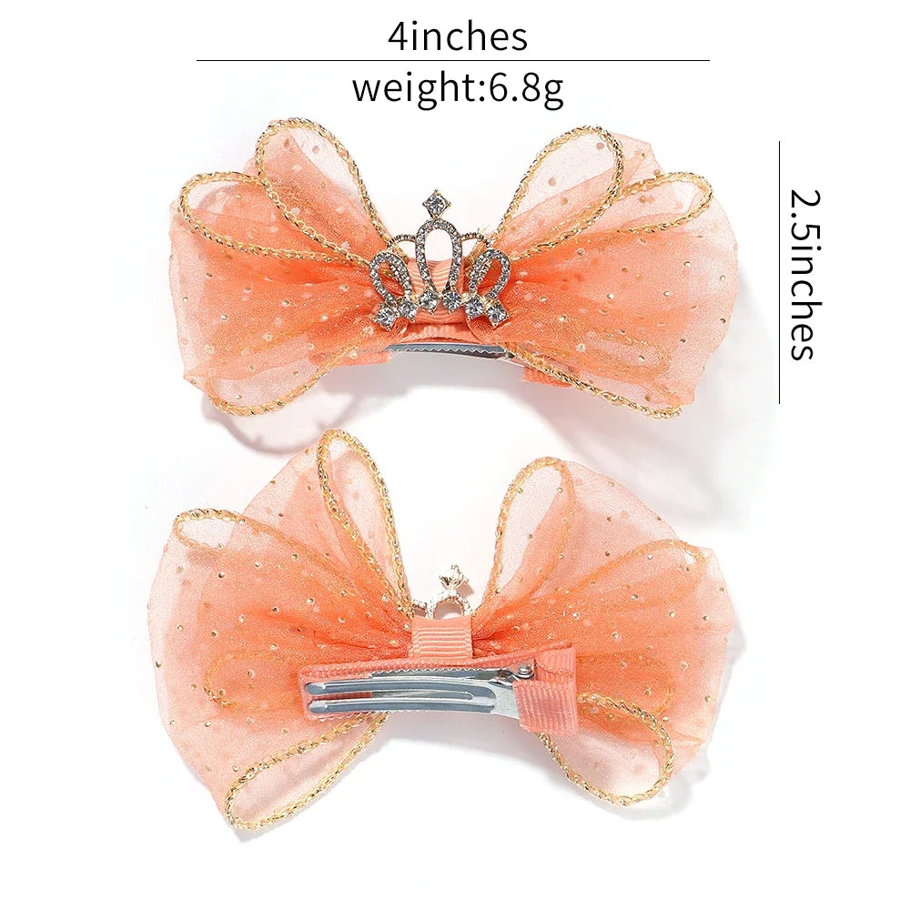 Set of 2 Organza Bow Hair Clips with Zircon Crown for Baby Girls - Cute Hairpins and Barrettes Accessories