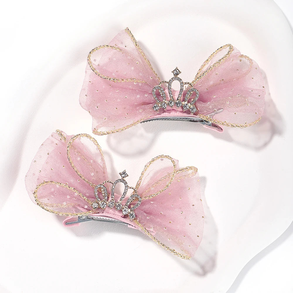 Set of 2 Organza Bow Hair Clips with Zircon Crown for Baby Girls - Cute Hairpins and Barrettes Accessories