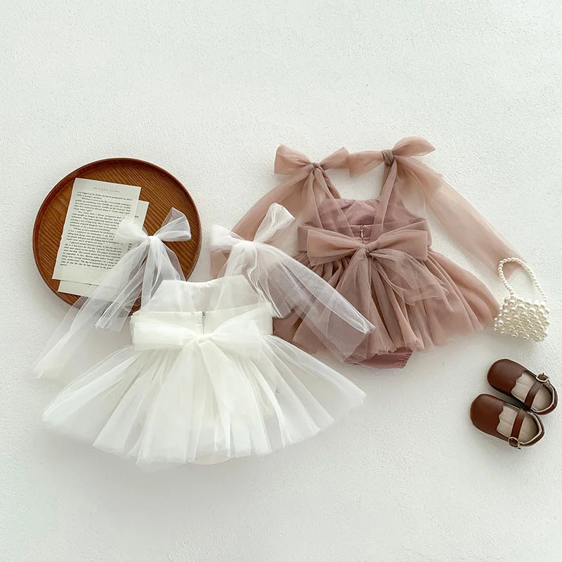 Sleeveless Summer Tutu Romper with Bows for Baby Girls - Lace Princess Jumpsuit for Newborn Photography