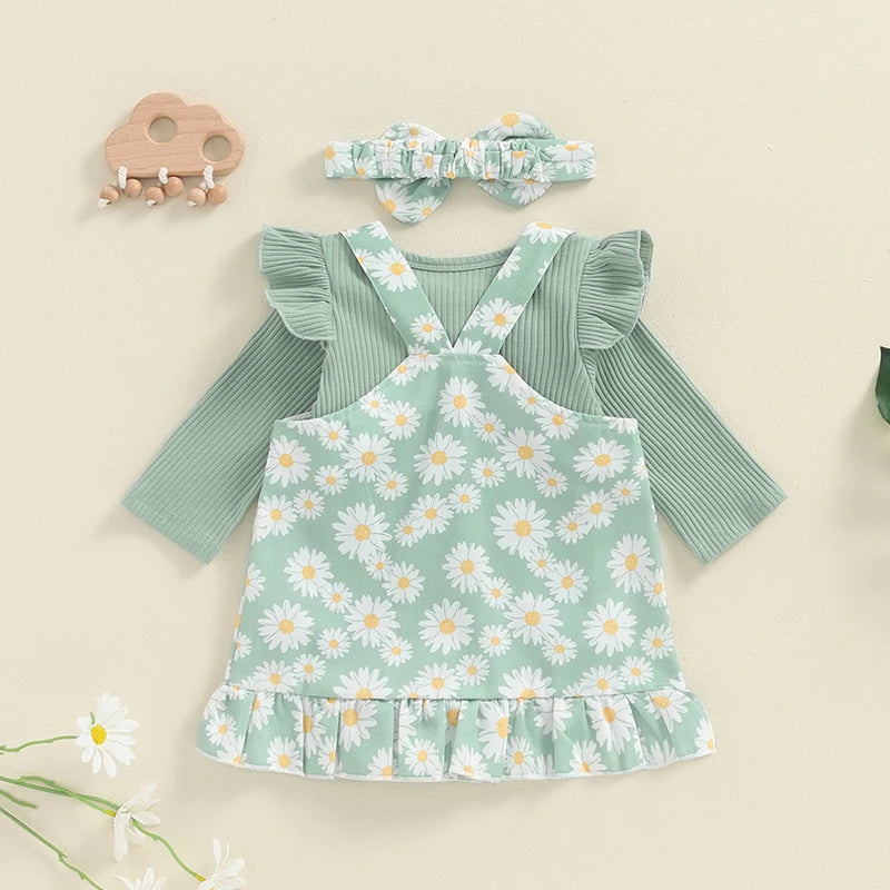 Adorable Newborn Girls' Ruffled Ribbed Bodysuit Set with Floral Suspender Skirt and Headband - Perfect for Spring and Autumn