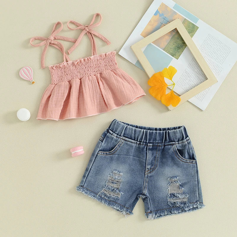 Summer Casual 2-Piece Outfit for Baby Girls: Sleeveless Camisole and Ripped Denim Shorts Set