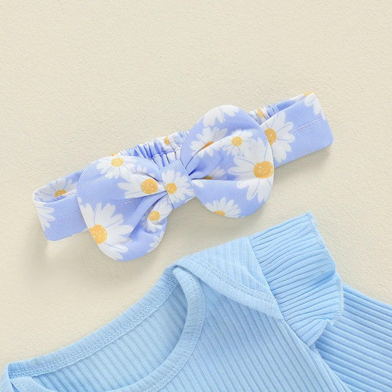 Adorable Newborn Girls' Ruffled Ribbed Bodysuit Set with Floral Suspender Skirt and Headband - Perfect for Spring and Autumn
