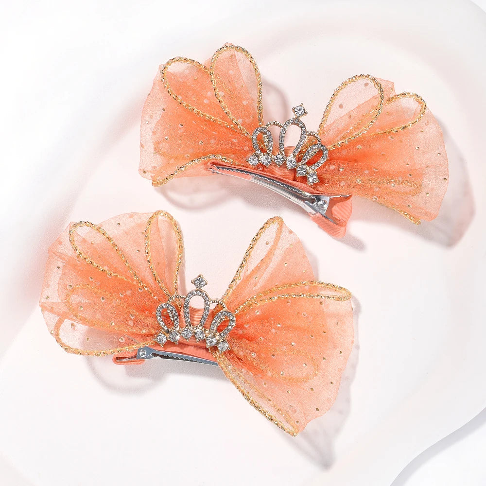 Set of 2 Organza Bow Hair Clips with Zircon Crown for Baby Girls - Cute Hairpins and Barrettes Accessories