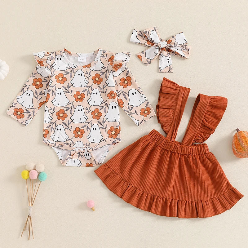 Adorable Baby Girls Halloween Ghost Print Ruffled Romper Set with Skirt and Hair Band