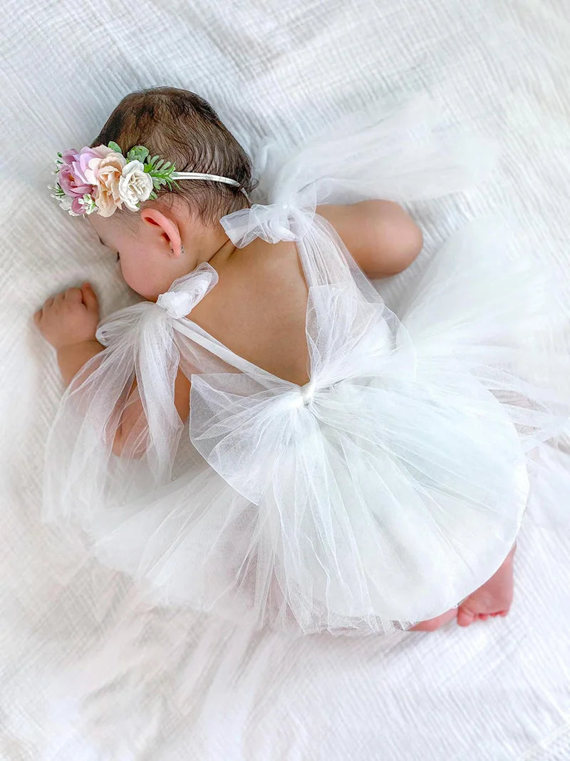 Sleeveless Summer Tutu Romper with Bows for Baby Girls - Lace Princess Jumpsuit for Newborn Photography