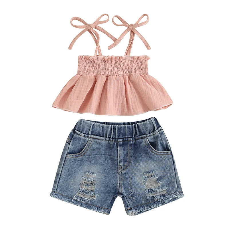 Summer Casual 2-Piece Outfit for Baby Girls: Sleeveless Camisole and Ripped Denim Shorts Set