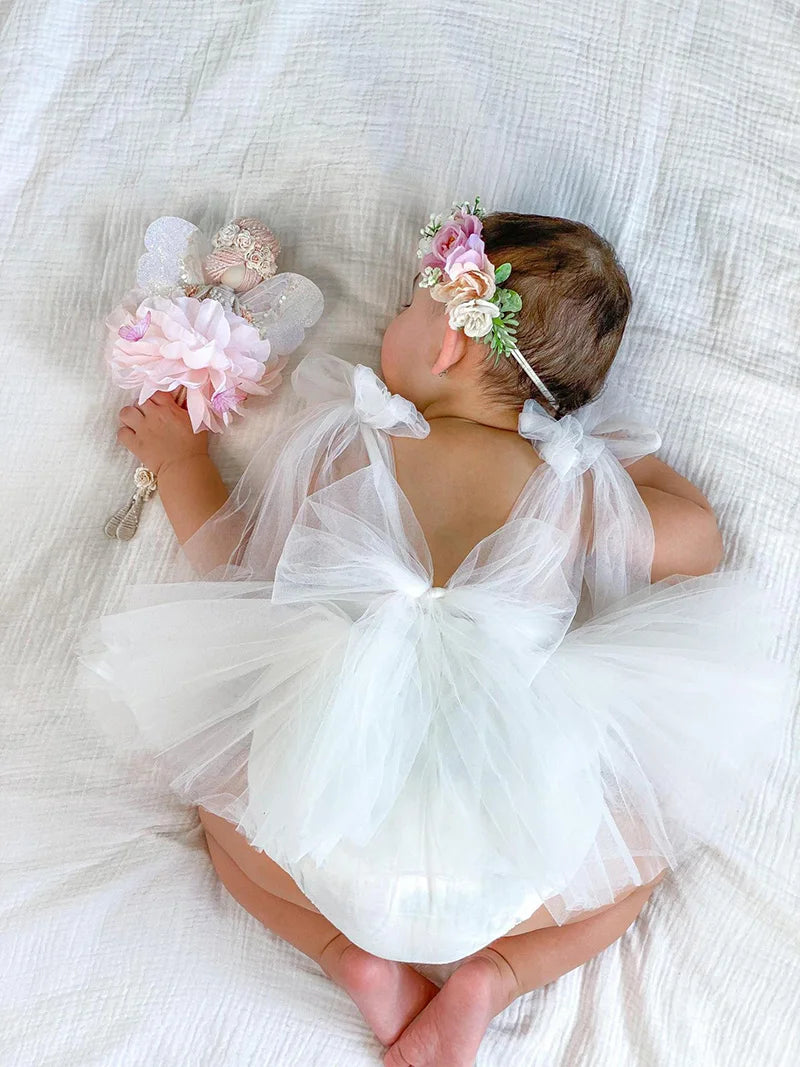 Sleeveless Summer Tutu Romper with Bows for Baby Girls - Lace Princess Jumpsuit for Newborn Photography