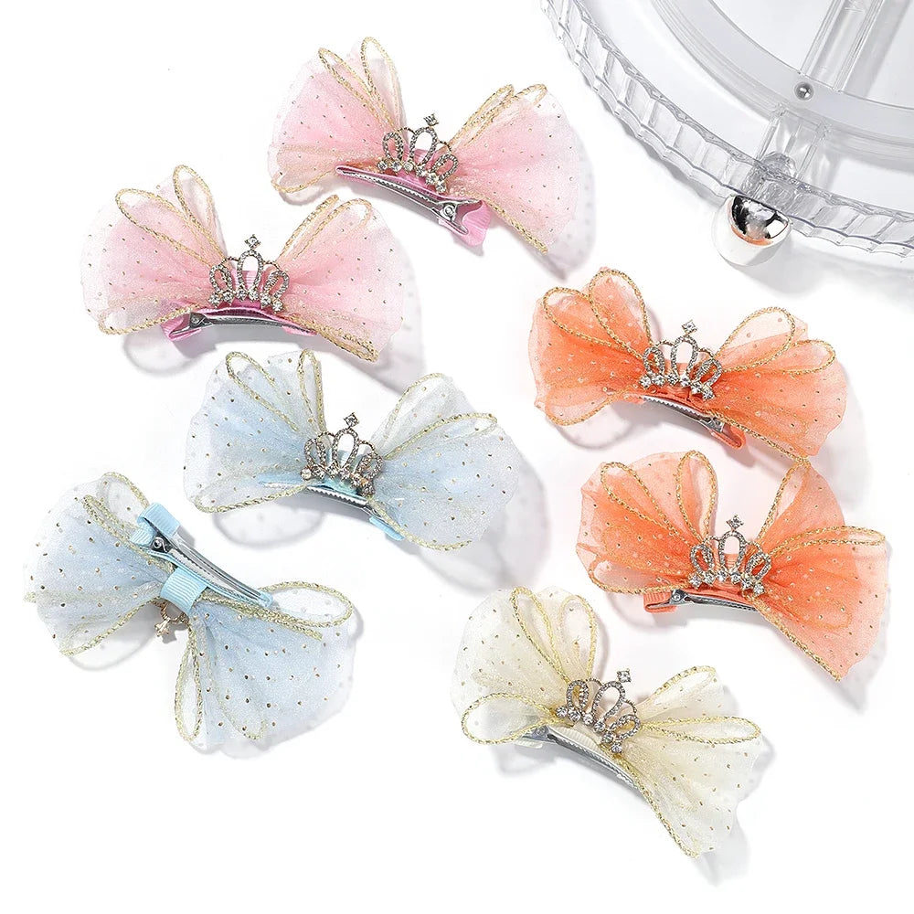 Set of 2 Organza Bow Hair Clips with Zircon Crown for Baby Girls - Cute Hairpins and Barrettes Accessories