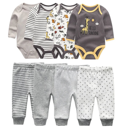 4-Pack Unisex Baby Bodysuits and Pants Set - 2022 Winter Cotton Outfits for Newborns