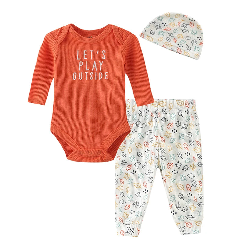 Stylish Infant Baby Boys' Long Sleeve Bodysuit and Pants Set with Hat - Fall/Newborn Outfit