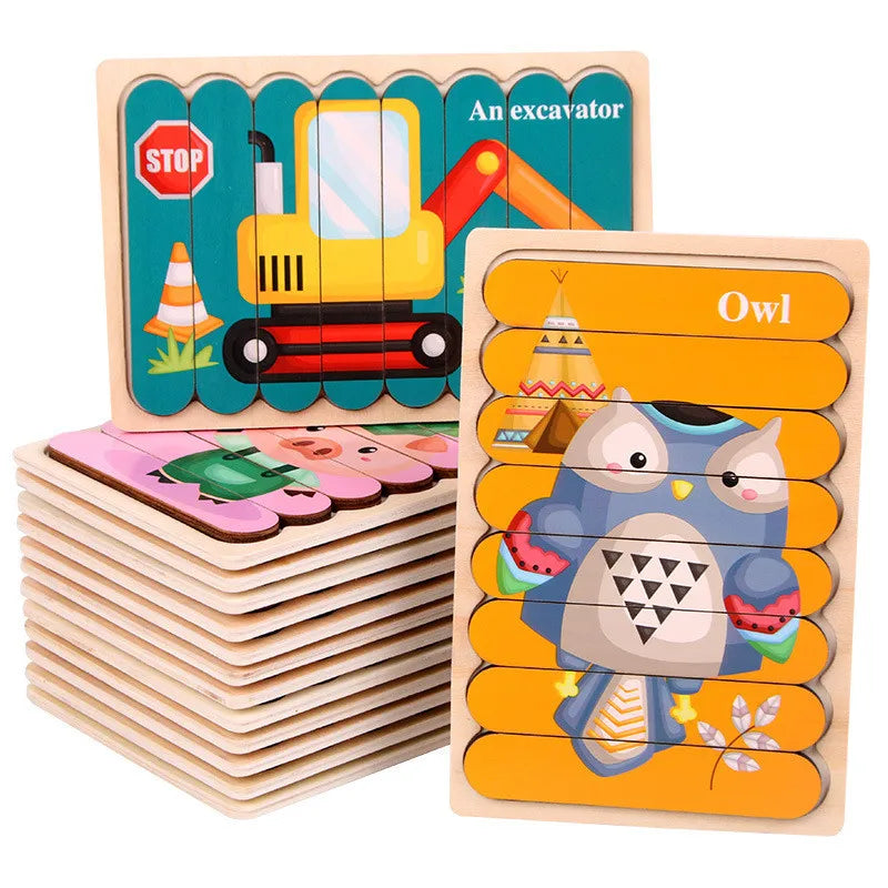 Double-Sided 3D Animal Jigsaw Puzzle - Montessori Wooden Stacking Toy for Early Childhood Education
