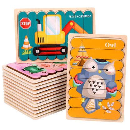 Double-Sided 3D Animal Jigsaw Puzzle - Montessori Wooden Stacking Toy for Early Childhood Education