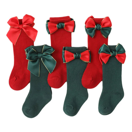 Adorable Christmas Bowknot Socks for Toddlers - 2 Pairs of Mid-Calf Length Holiday Socks for Boys and Girls (Ages 0-4)