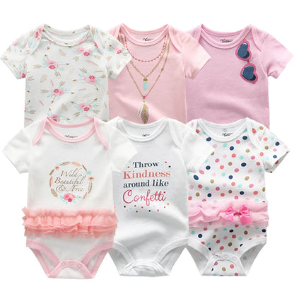 6-Pack Cute Cartoon Baby Bodysuits for Girls - Short Sleeve Infant Jumpsuits