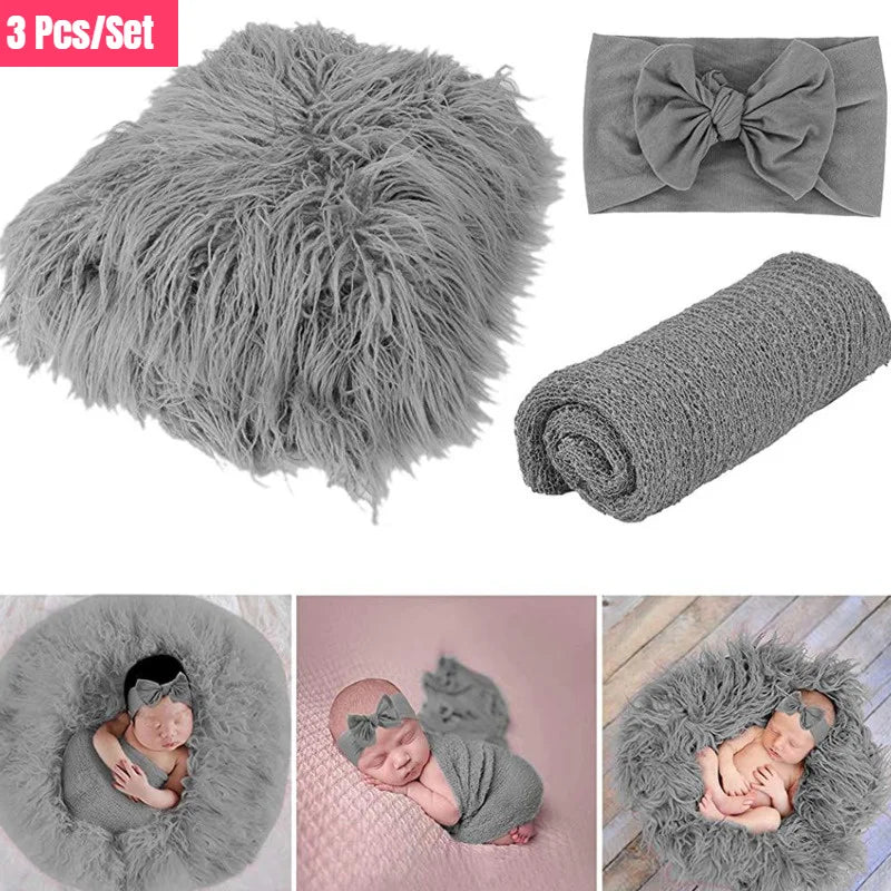Newborn Photography Essentials: 3-Piece Set with Blanket, Wrap, and Headband for Baby Photo Shoots