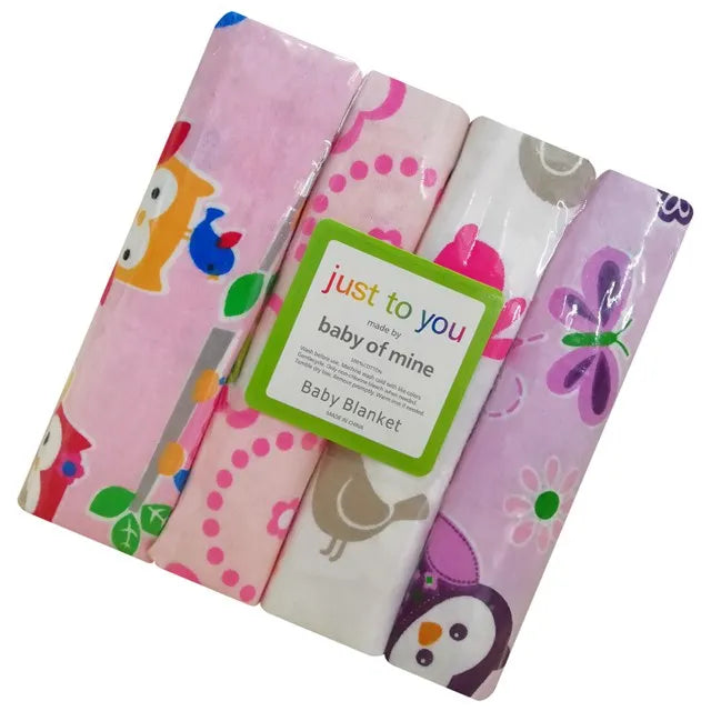 Set of 4 Cotton Flannel Newborn Baby Blankets - Soft Receiving Throws for Photography Props (30" x 30")