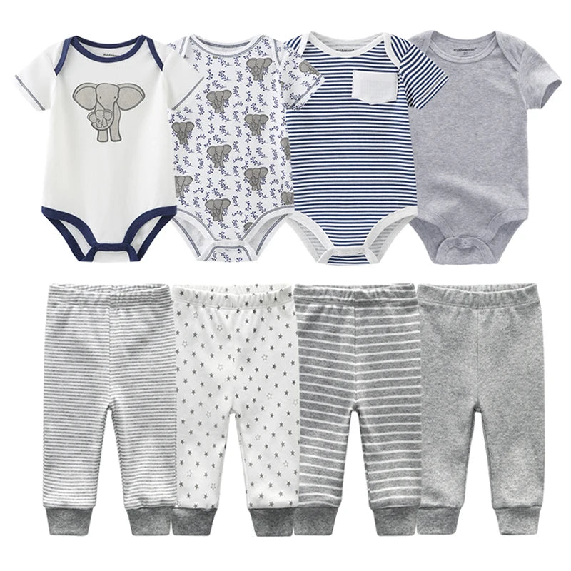 Adorable 4-Piece Baby Cartoon Outfit Set for Spring – Short Sleeve Bodysuits and Pants for Newborns