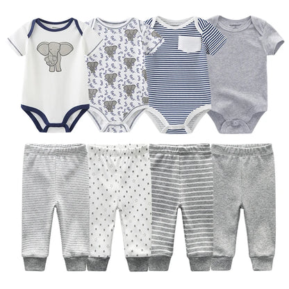 Adorable 4-Piece Baby Cartoon Outfit Set for Spring – Short Sleeve Bodysuits and Pants for Newborns