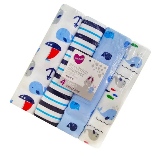 Set of 4 Cotton Flannel Newborn Baby Blankets - Soft Receiving Throws for Photography Props (30" x 30")