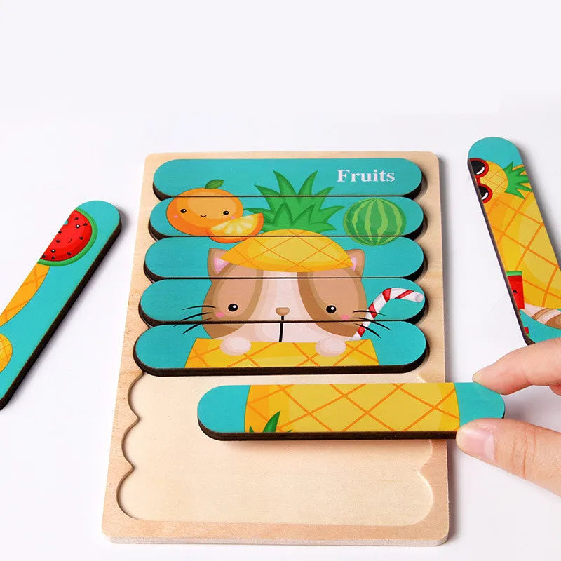 Double-Sided 3D Animal Jigsaw Puzzle - Montessori Wooden Stacking Toy for Early Childhood Education