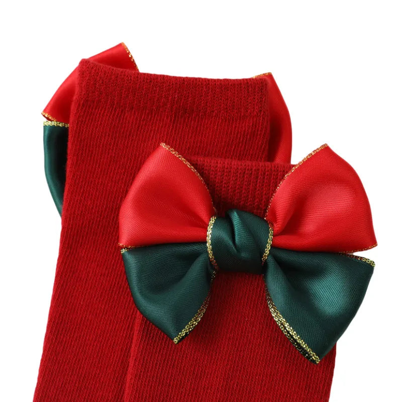 Adorable Christmas Bowknot Socks for Toddlers - 2 Pairs of Mid-Calf Length Holiday Socks for Boys and Girls (Ages 0-4)