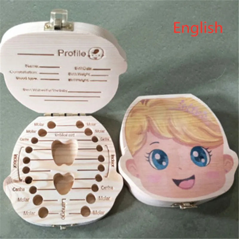 Wooden Baby Tooth Keepsake Box - Multi-Language Souvenir Organizer for Teeth, Lanugo, and Umbilical Cord