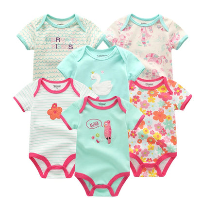 6-Pack Cute Cartoon Baby Bodysuits for Girls - Short Sleeve Infant Jumpsuits