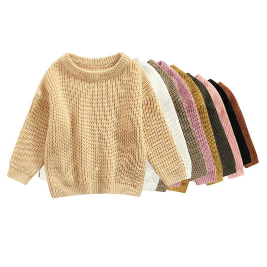 Unisex Baby Solid Color O-neck Knitted Pullover Sweater for Autumn and Winter, Loose Fit Long Sleeve Design