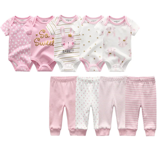 Adorable Bunny-Themed 5-Piece Baby Bodysuit and 4-Piece Pants Set for Newborns (0-12M) - Cotton Toddler Outfit Collection