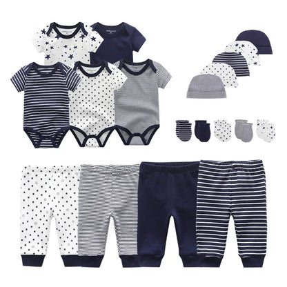 Unisex Newborn Cotton Clothing Set: Bodysuits, Pants, Hats, Gloves & Bibs with Cute Animal Designs