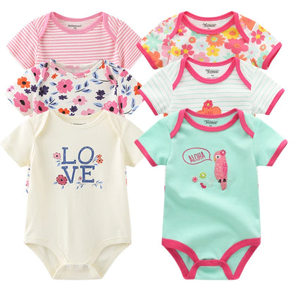 6-Pack Summer Short Sleeve Baby Girls Bodysuits - Stylish Printed Infant Clothing