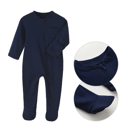 Unisex Newborn Cotton Footed Romper Jumpsuit for Spring and Autumn - Soft Solid Color Bodysuit for Infants