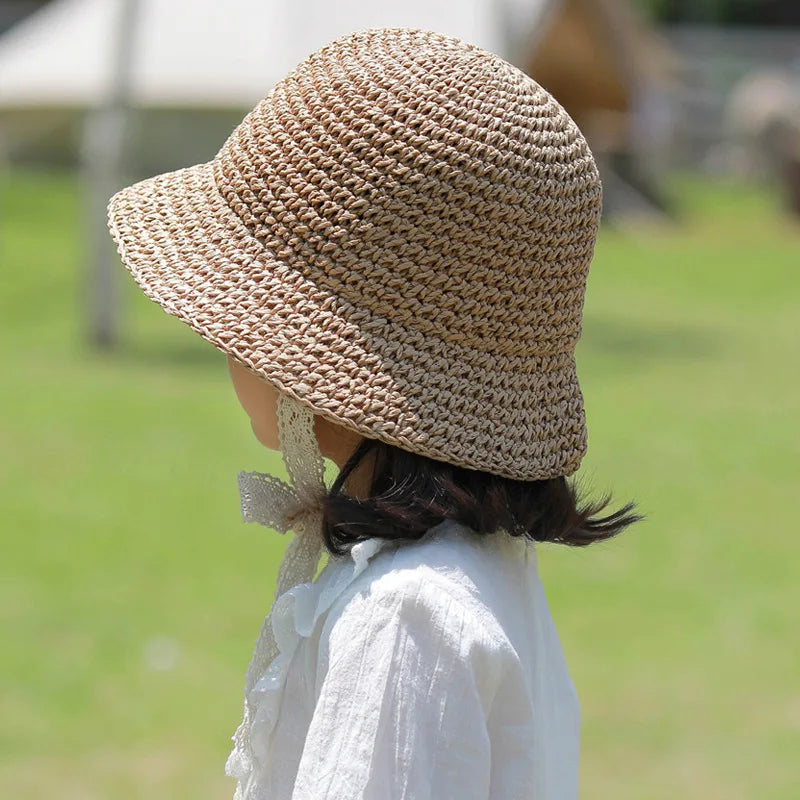 Adjustable Summer Straw Bucket Hat for Kids - Windproof Lace Travel Accessory for Boys and Girls (Ages 2-6)