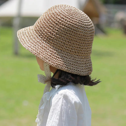 Adjustable Summer Straw Bucket Hat for Kids - Windproof Lace Travel Accessory for Boys and Girls (Ages 2-6)