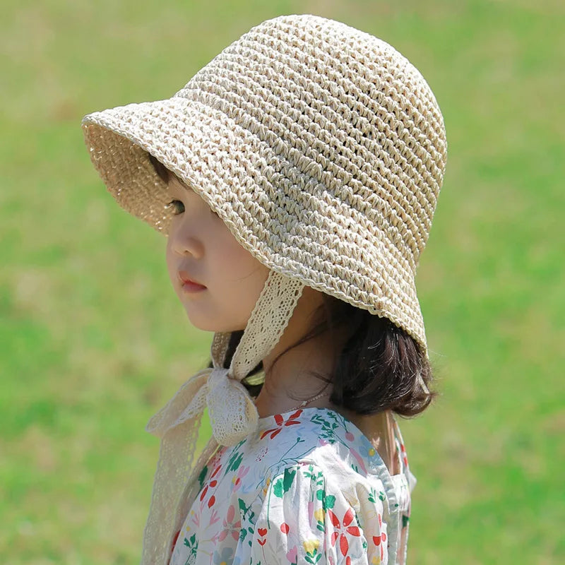 Adjustable Summer Straw Bucket Hat for Kids - Windproof Lace Travel Accessory for Boys and Girls (Ages 2-6)