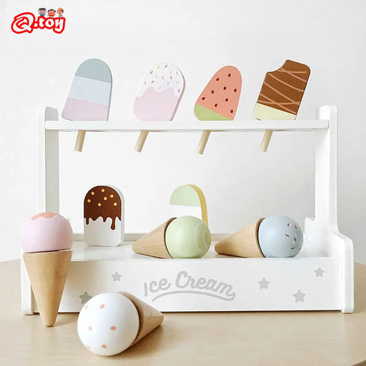 Simulation Ice Cream Tray Set Pretend Play Wooden Montessori Toy Ice-cream Cone Kitchen Food Toys for Kids Preschool Educational