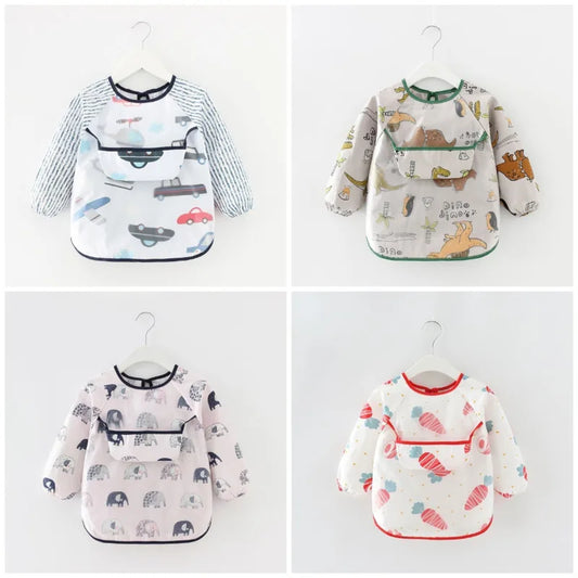 Colorful Cartoon Bandana Baby Bibs with Long Sleeves - Waterproof Self-Feeding Apron for Infants