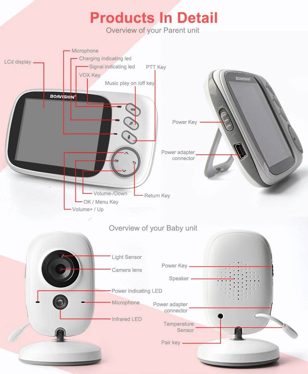 3.2" Color LCD Wireless Video Baby Monitor with Night Vision, Two-Way Audio, and Temperature Monitoring - VB603