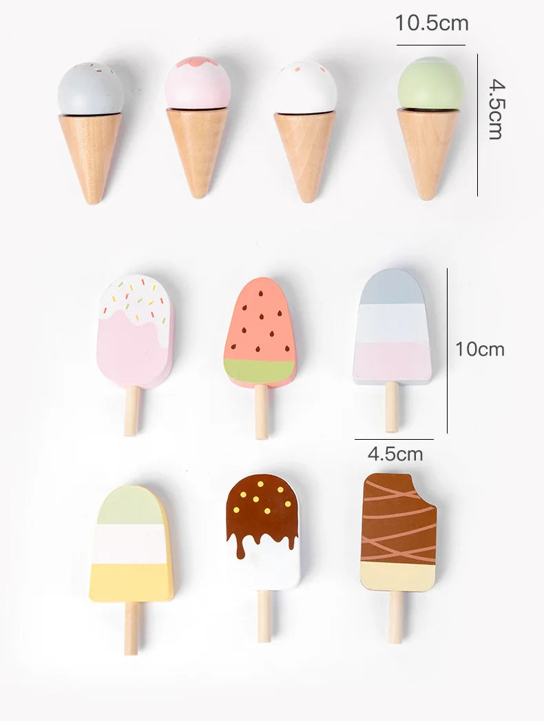 Simulation Ice Cream Tray Set Pretend Play Wooden Montessori Toy Ice-cream Cone Kitchen Food Toys for Kids Preschool Educational
