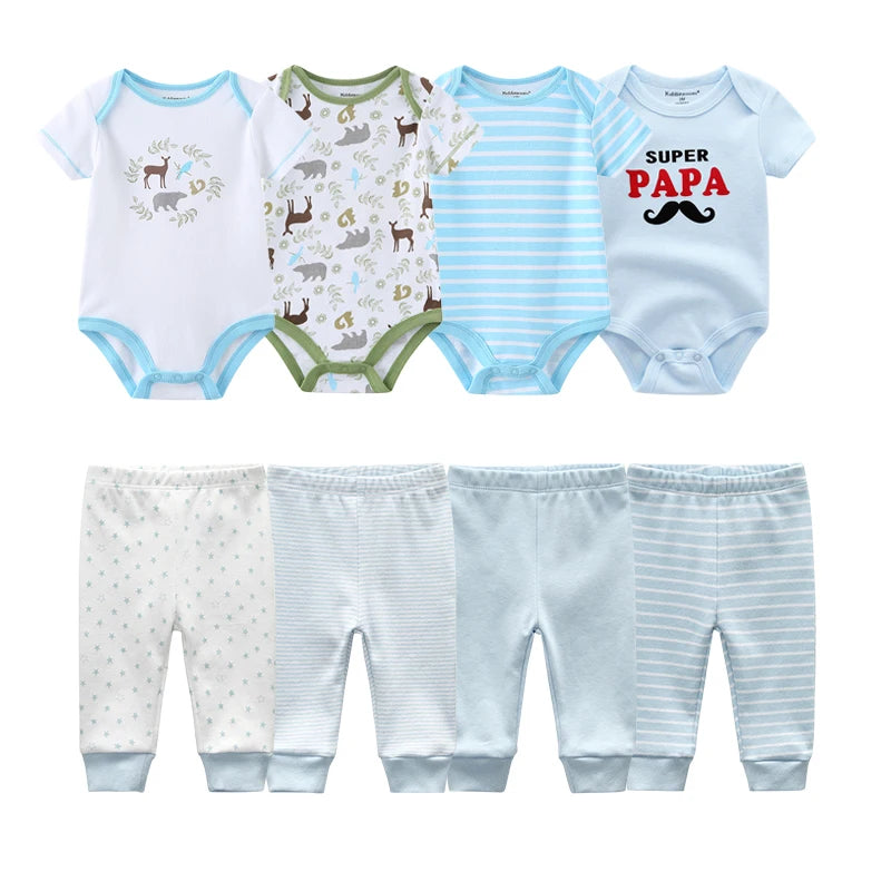 Adorable 4-Piece Baby Cartoon Outfit Set for Spring – Short Sleeve Bodysuits and Pants for Newborns