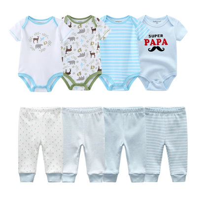 Adorable 4-Piece Baby Cartoon Outfit Set for Spring – Short Sleeve Bodysuits and Pants for Newborns
